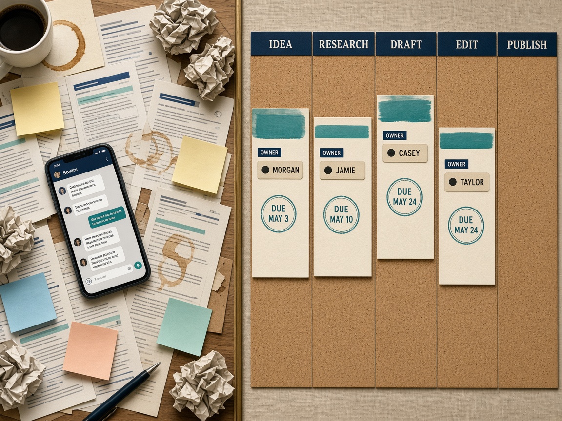 Chaotic SEO publishing versus a managed brief-to-publish workflow board