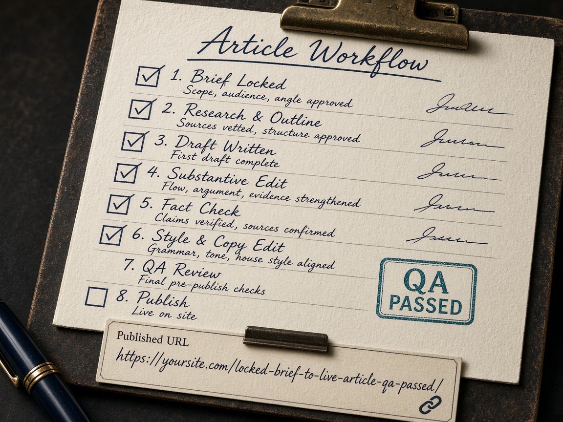 End-to-end SEO workflow checklist from locked brief to published URL