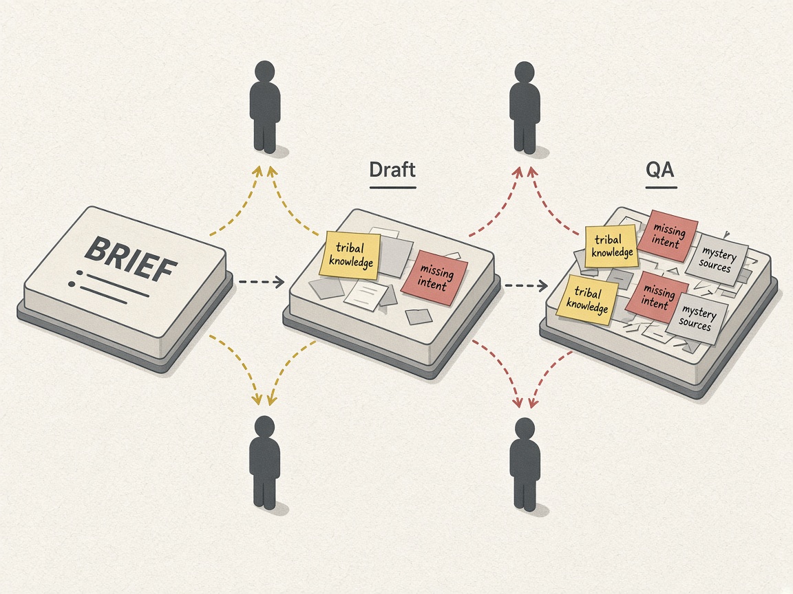 Diagram of an SEO brief-to-publish checklist picking up hidden variance and tribal knowledge