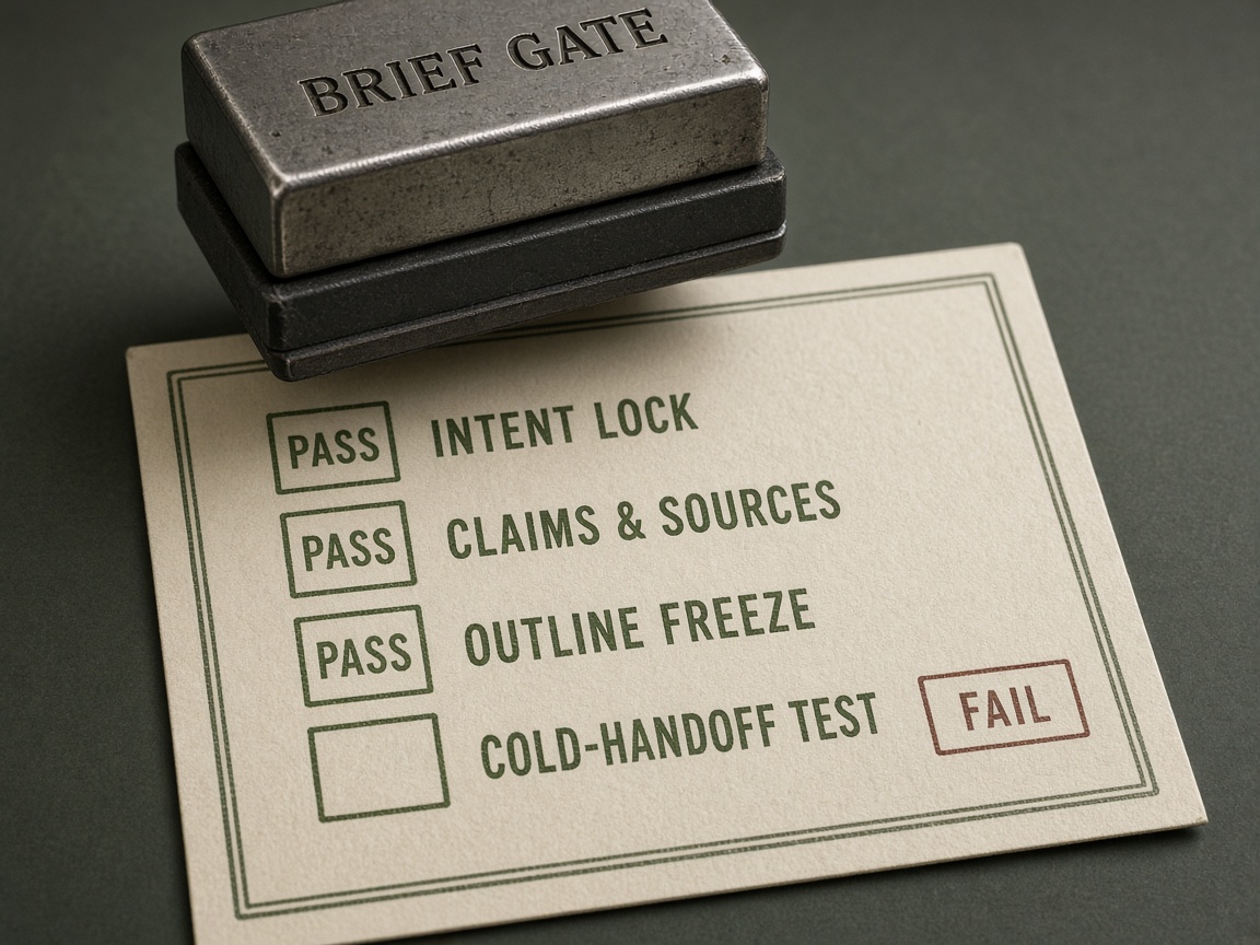 Brief gate exit criteria stamp with pass/fail boxes for intent, sources, outline, and handoff