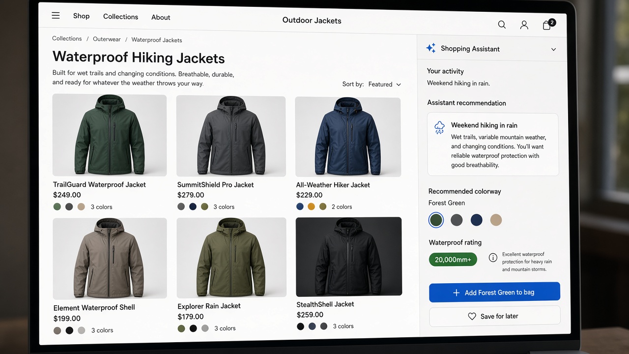 Shopify AI shopping assistant recommending a jacket variant from a product grid