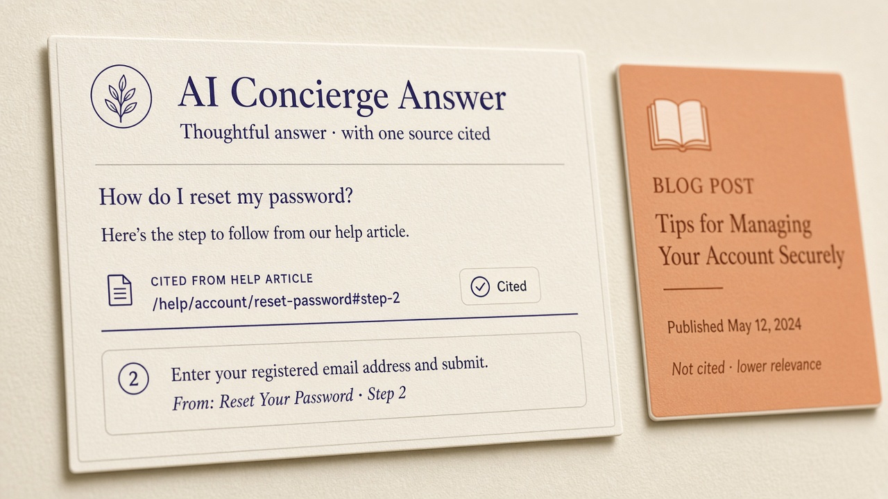 AI concierge citing a help-article URL for a how-to while a higher-ranking blog post goes unused