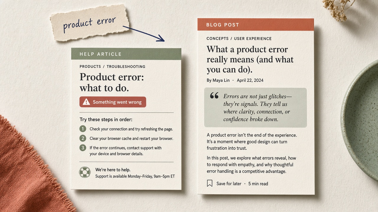 Support article answering a product error query while the blog post stays assigned to a concept