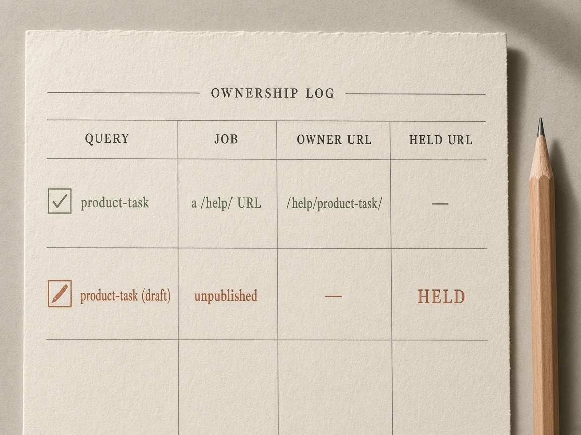 Keyword ownership log assigning one owner URL before a support article or blog post is published