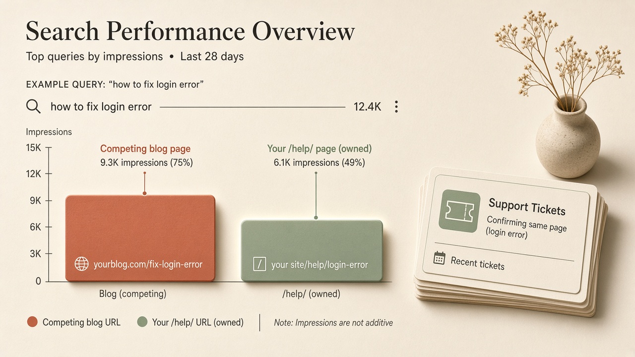 Search performance view of one query with impressions split between a blog URL and the owner help URL
