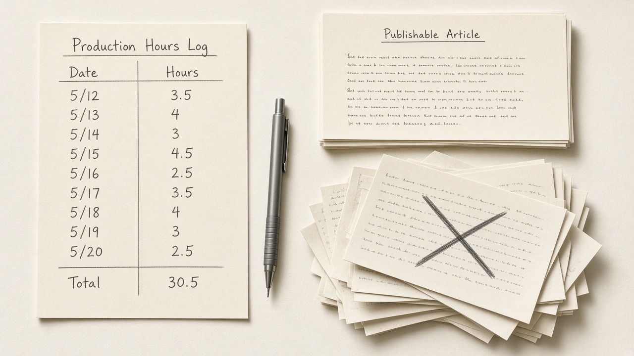 Content throughput calculated as production hours beside publishable articles, unused drafts set aside