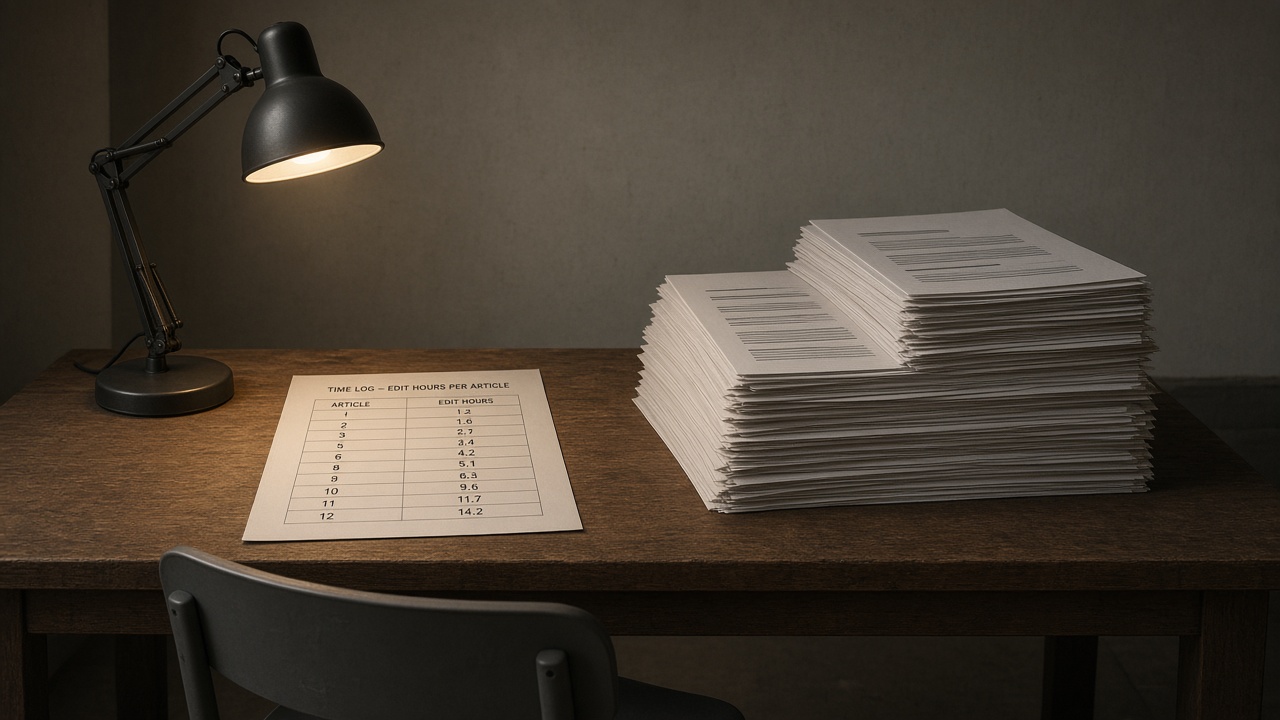 Edit-hours per article rising as a published URL stack grows taller