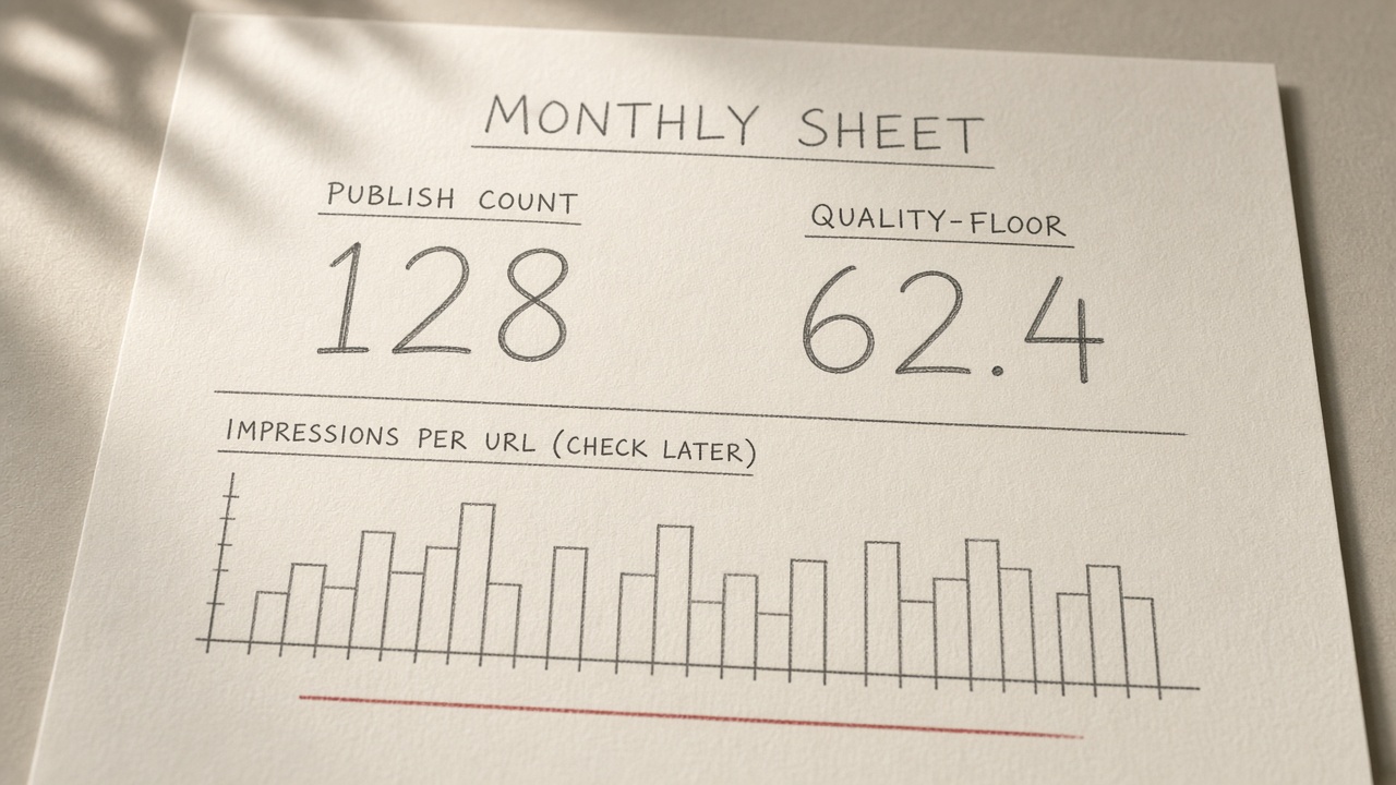 Monthly sheet pairing publish count with quality, impressions per URL as a later check