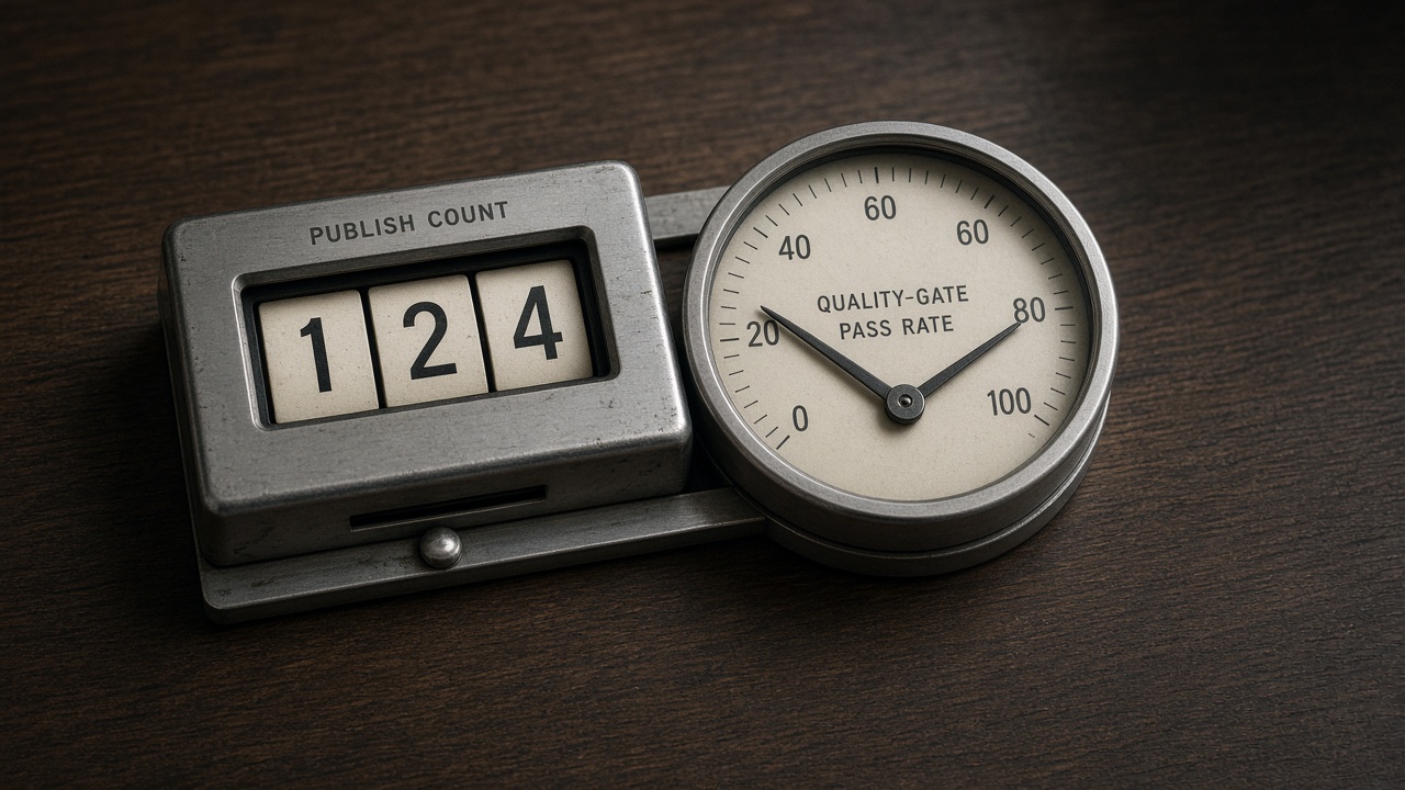 Publish count sitting next to a quality-gate pass-rate number on one operating line