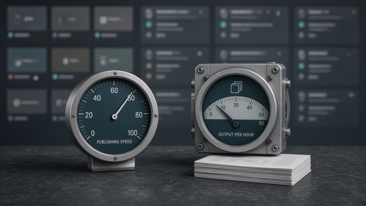 Content velocity gauge beside content throughput as publishable output per hour
