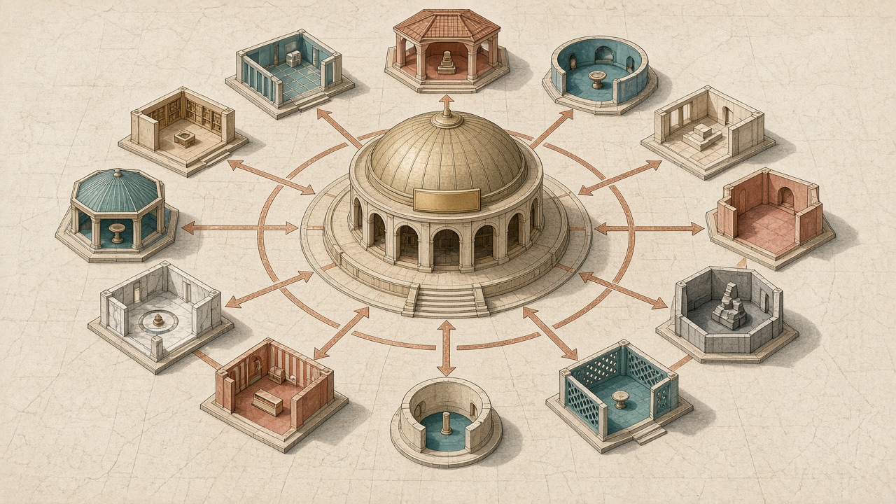 Hub-and-spoke architecture diagram showing a pillar page connected to unique spoke pages with bidirectional internal links
