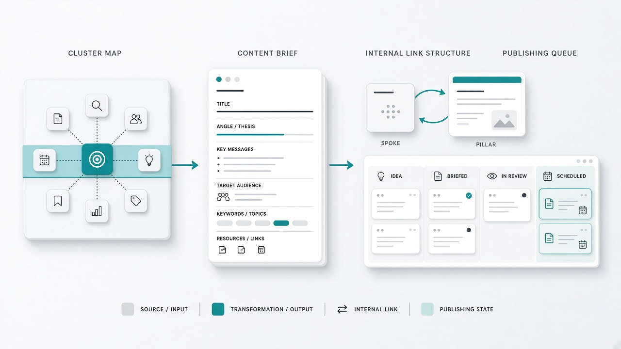 Workflow from a topic cluster map row to content brief, internal links, and publish queue