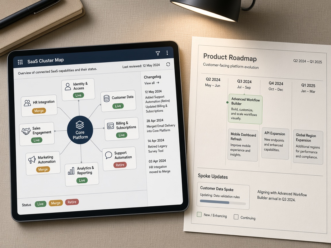 Maintained SaaS topic cluster map with live, merge, and retire status chips