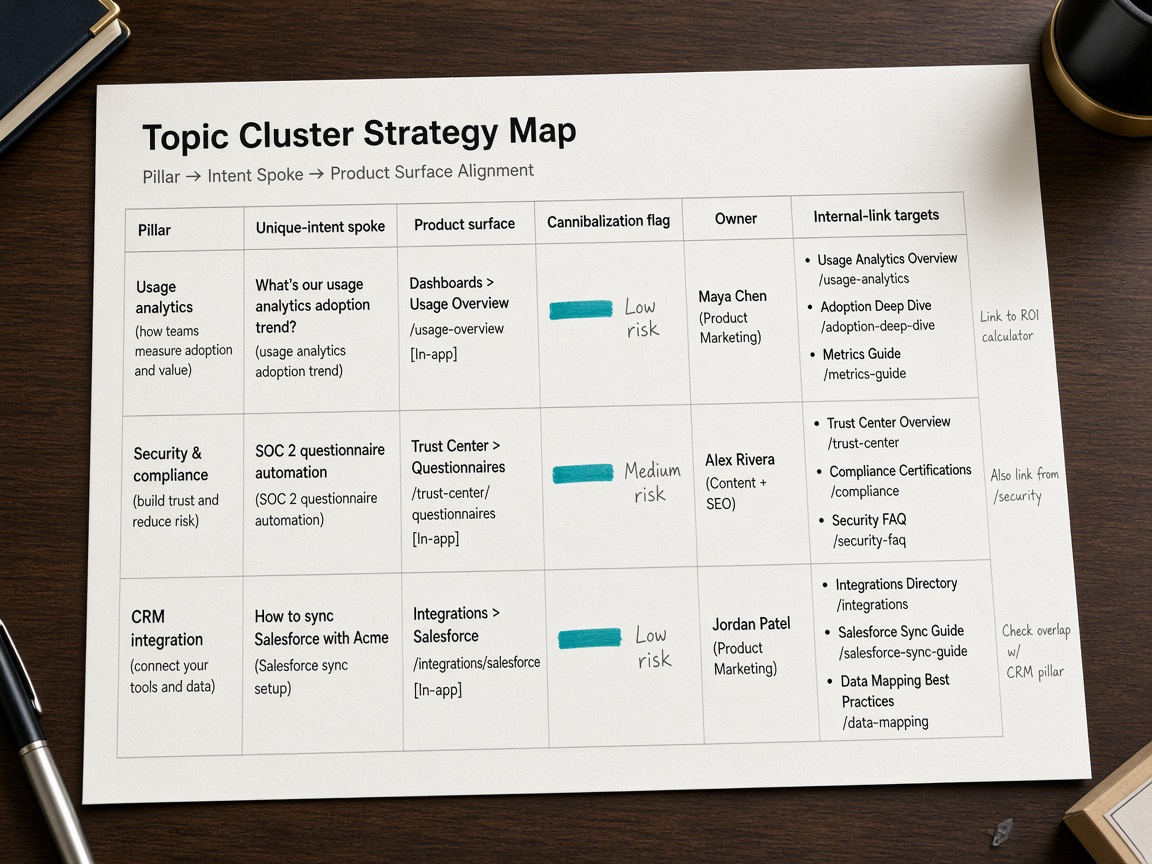SaaS topic cluster map template grid with pillar, intent, and product columns