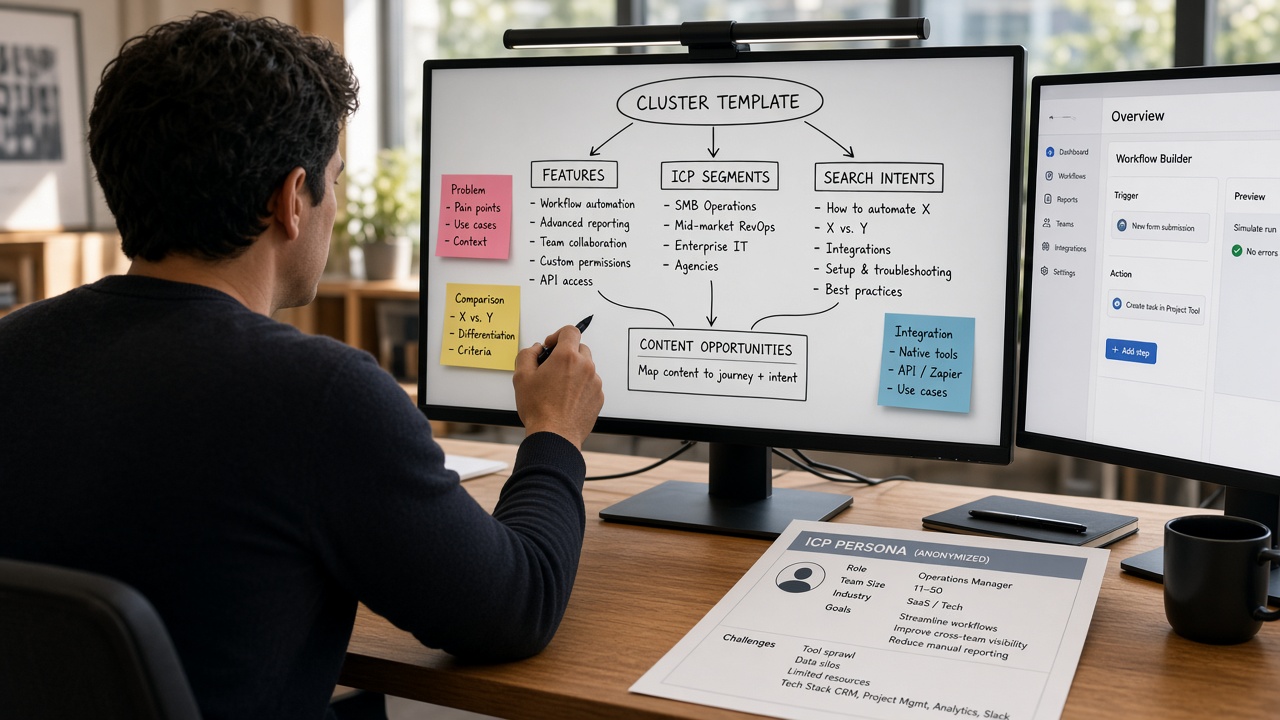 Content strategist filling a SaaS cluster map from product, ICP, and search intent