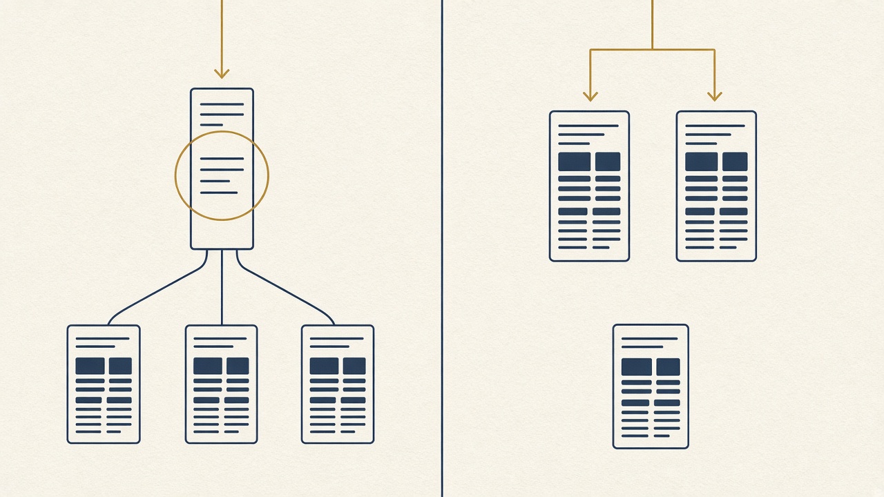 Topic cluster strategy contrast of a pillar handing off overview queries versus copying a spoke
