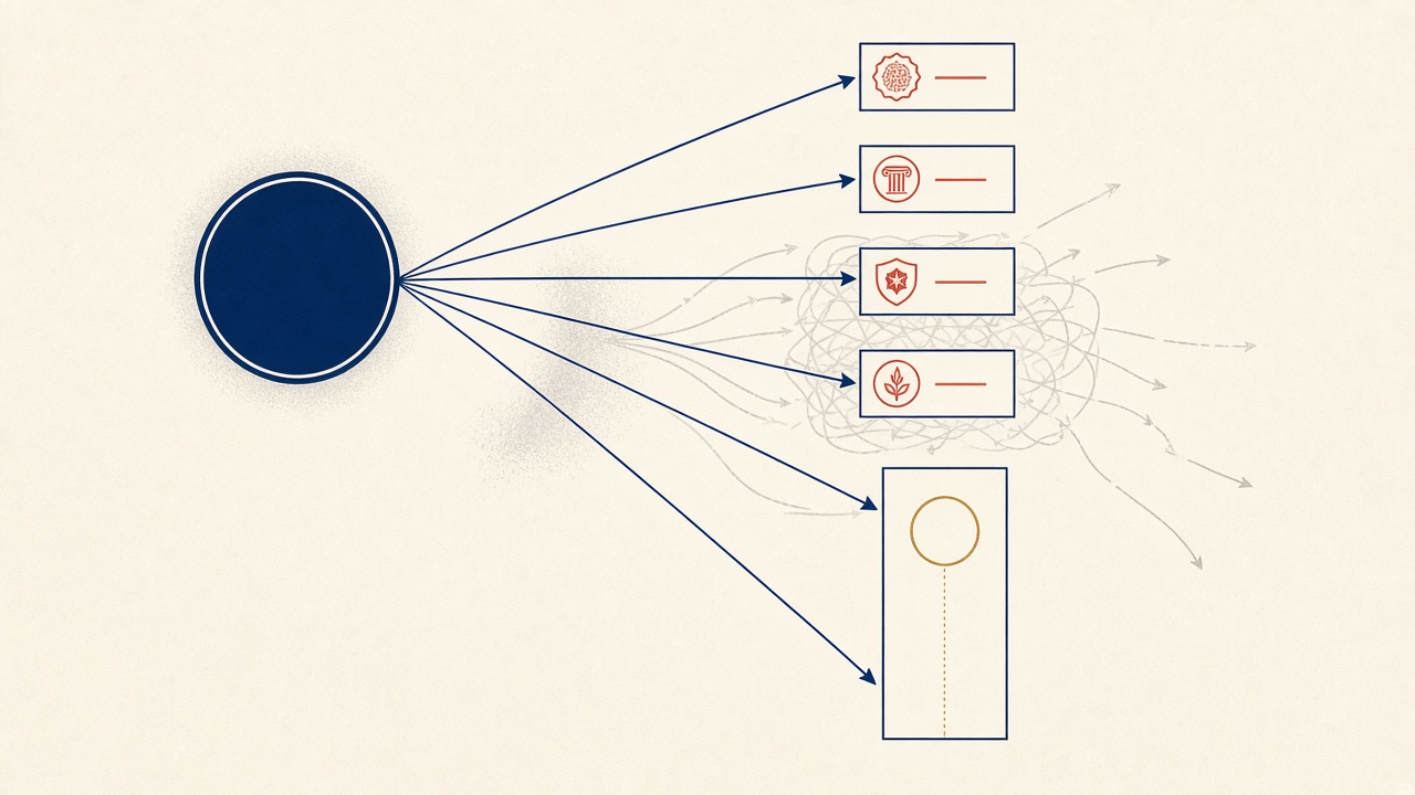 Topic cluster strategy diagram of AI fan-out landing each sub-search on a distinct URL