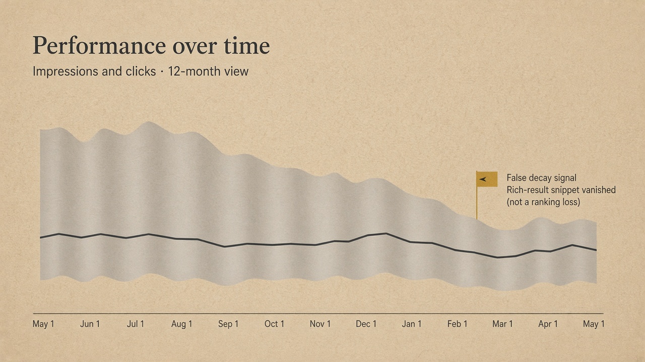 Year-over-year impressions marked unreliable while clicks stay readable, with a false content-decay flag