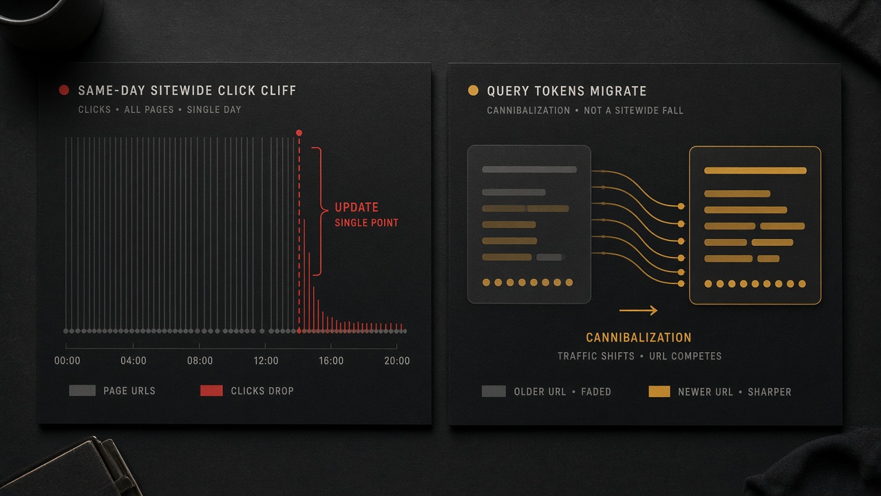 Whole-site traffic drop on update day beside queries moving from an older URL to a newer one