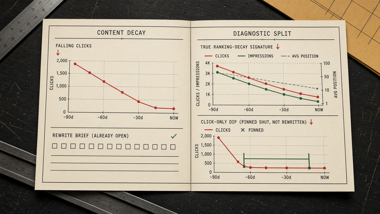 How to tell a traffic drop from content decay on one URL click chart