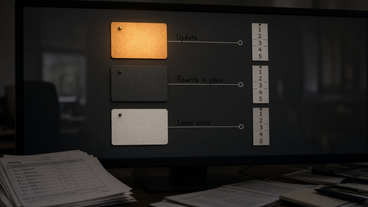 When to update a ranking page: the update path highlighted over rewrite or leave alone