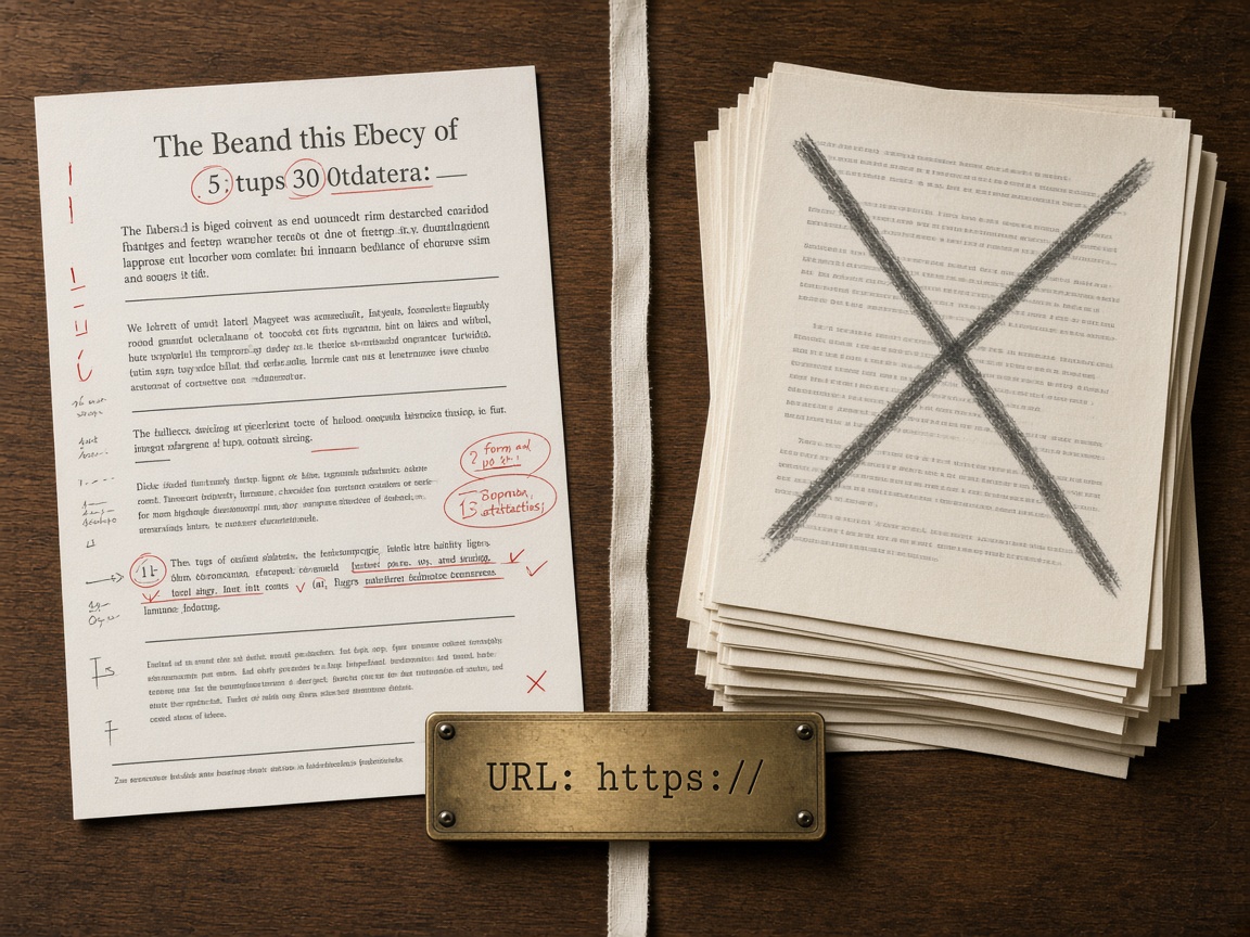 Update versus rewrite content compared on one desk, light marks versus a crossed-out outline