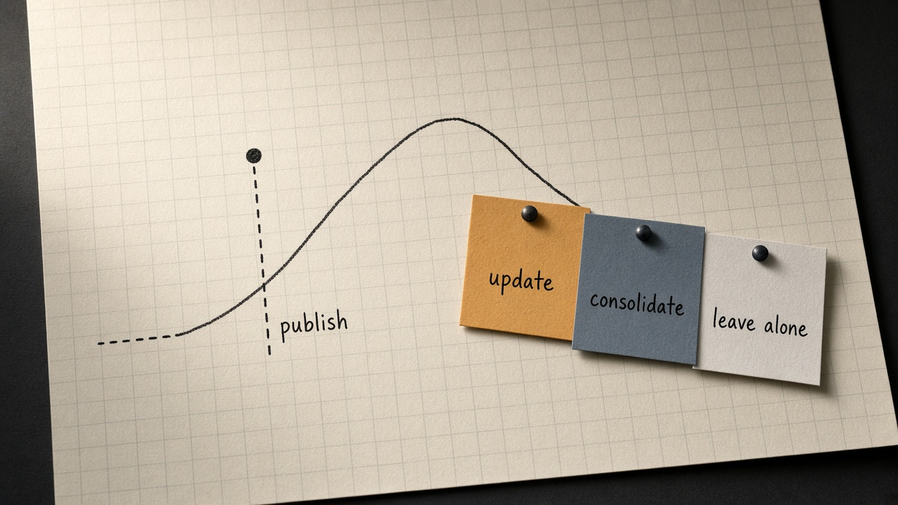 Content decay curve with exits to update, consolidate, or leave alone before a rewrite
