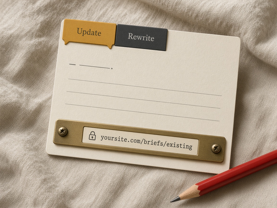 Writer or AI brief with update and rewrite modes and the existing URL locked