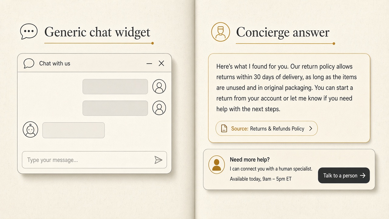 Website chatbot versus an AI concierge that cites a page and offers a human