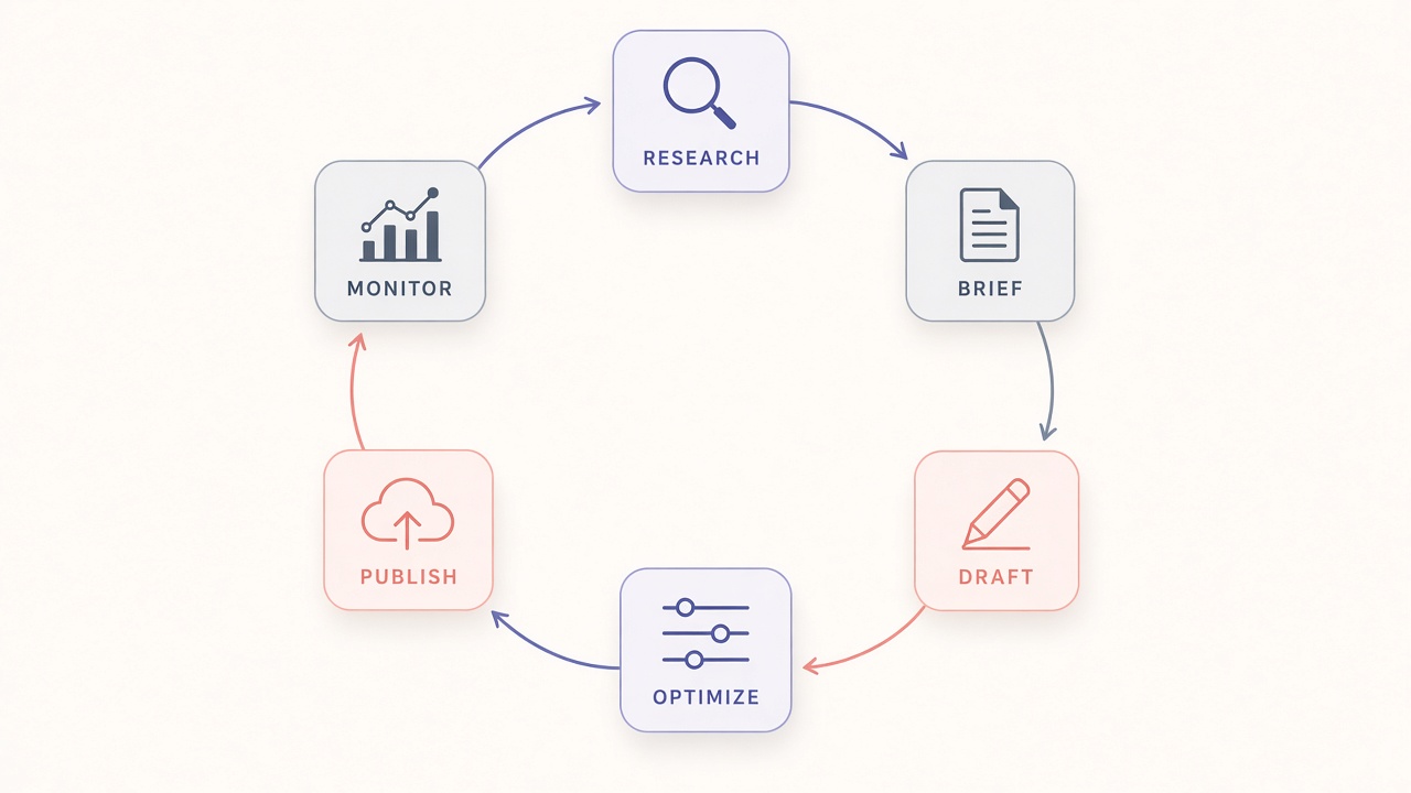 Diagram defining autoblogging as a connected loop from keyword research to monitoring