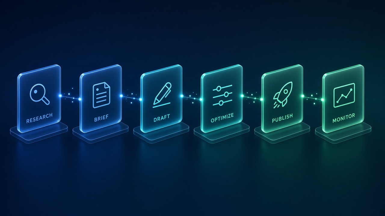 Six-stage automated SEO publishing pipeline from research through monitor