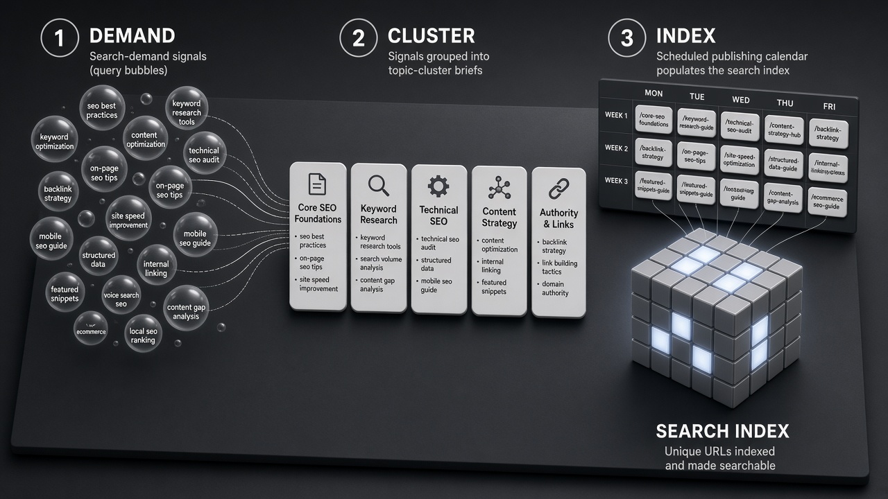 Autoblogging publishing model diagram from search demand to clustered briefs to indexed URLs