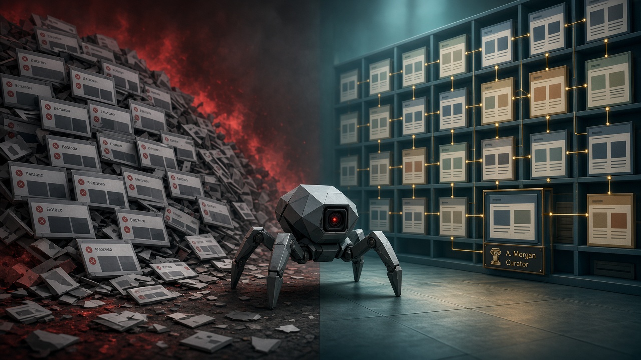 Search crawler facing thin auto-published URL flood versus a tight authored topical cluster