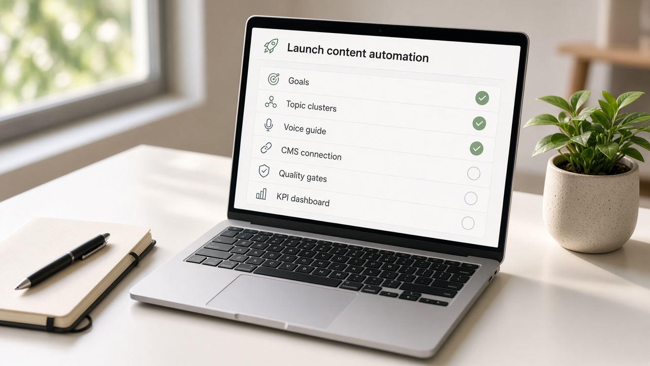 Laptop checklist for starting autoblogging with goals, clusters, voice guide, and quality gates
