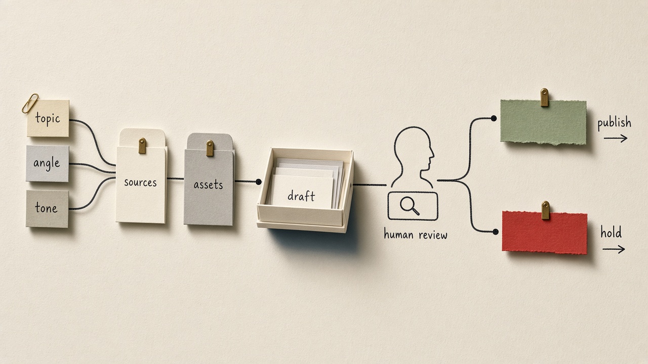 Autoblogging pipeline diagram with inputs, a draft stage, and a publish-or-hold review gate