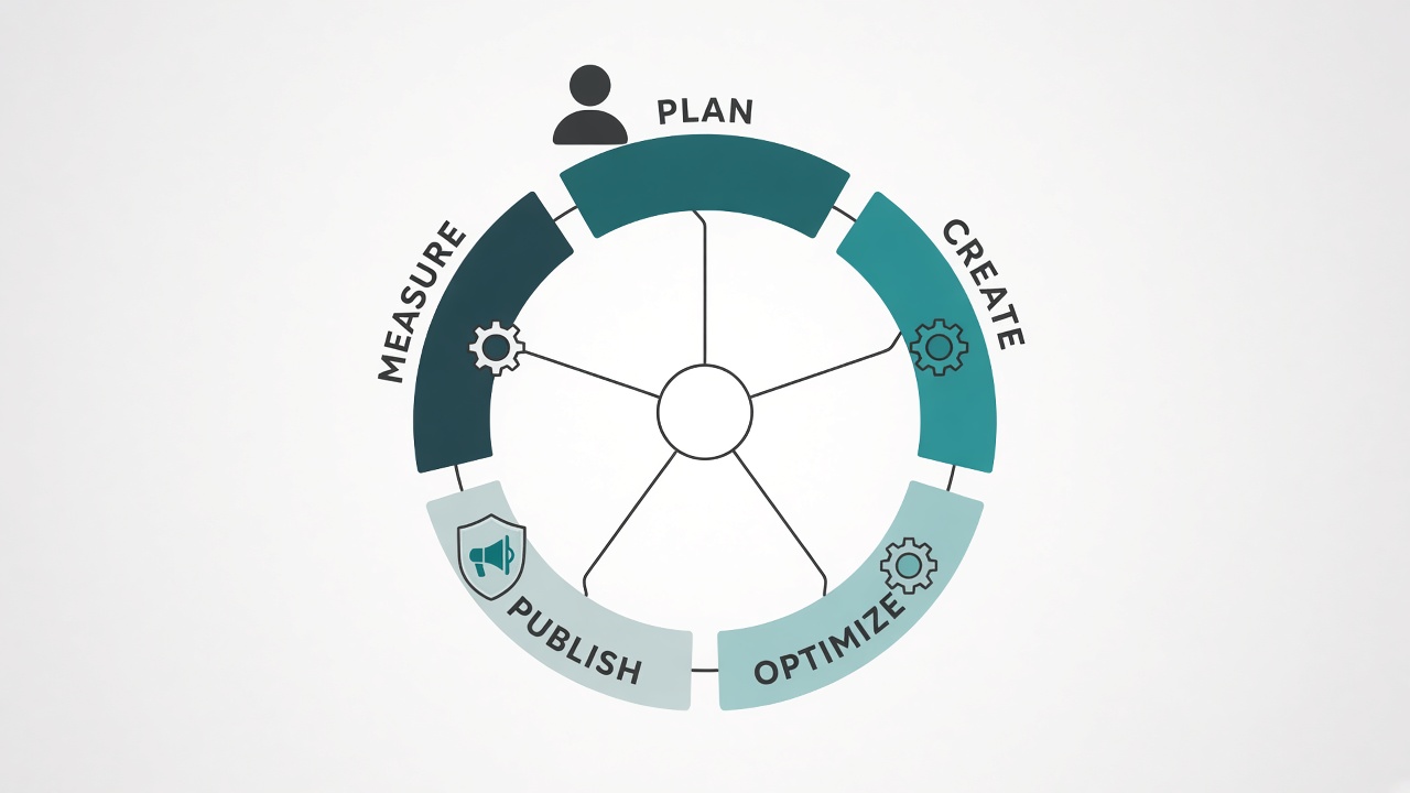 Content automation lifecycle diagram with plan create optimize publish measure and human gates