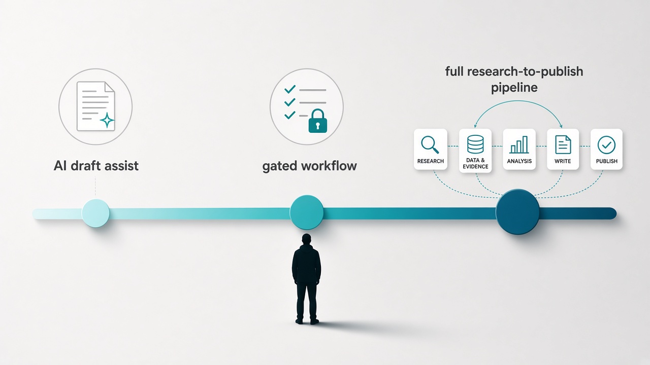 Content automation spectrum from AI draft assist to full research-to-publish pipeline