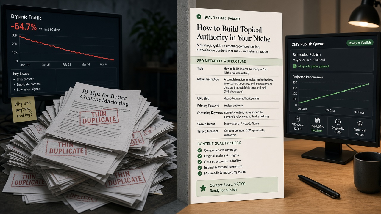 Benefits and risks of content automation shown as thin AI drafts versus quality-gated publish-ready articles