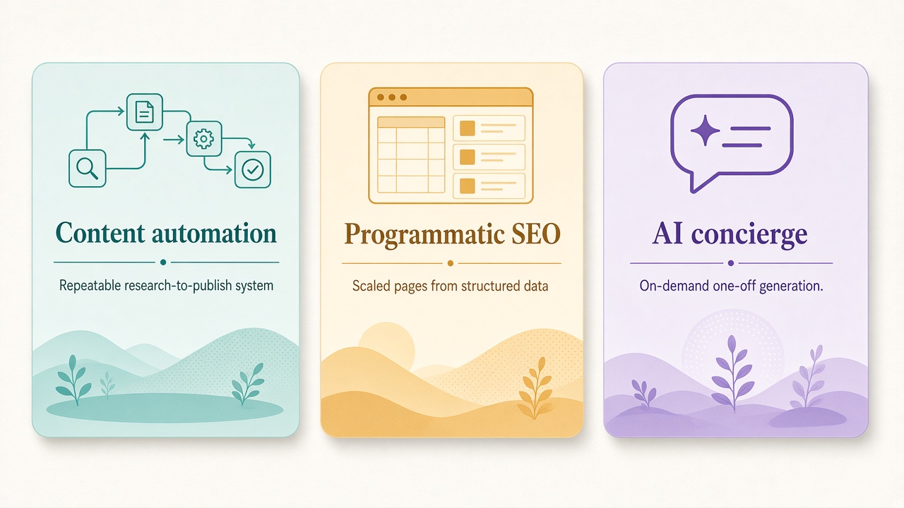 Comparison cards defining content automation versus programmatic SEO and AI concierge tools