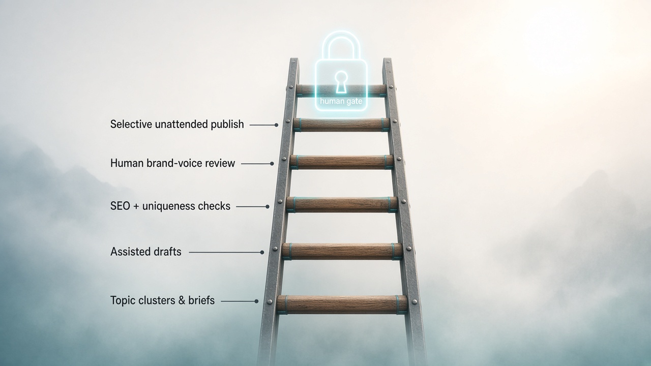 Content automation maturity ladder for lean teams from briefs to selective unattended publishing