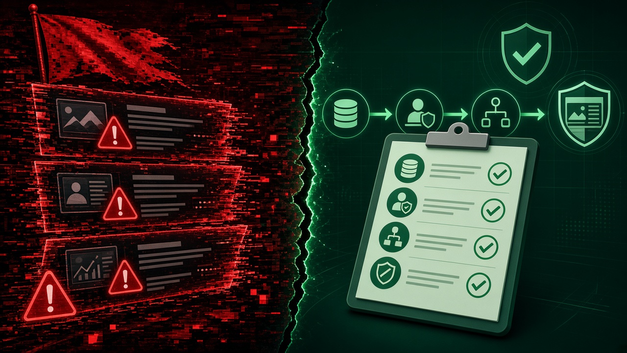 GEO risks and quality gates contrasting spammy AI-bait content with a green publish checklist
