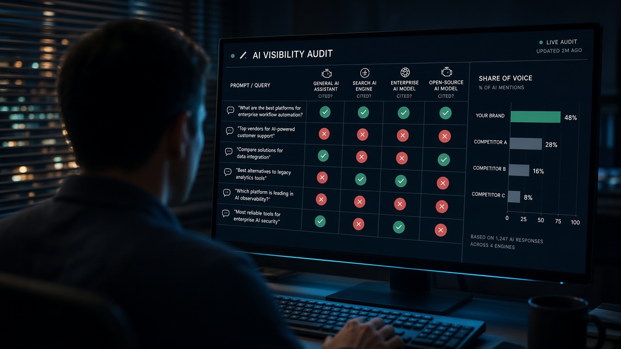 AI visibility audit dashboard tracking prompt citations and share of voice across generative engines for GEO