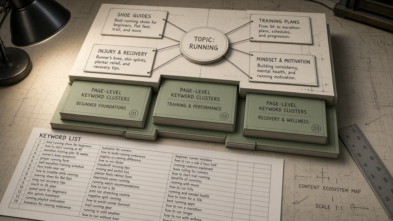 Three layers comparing a keyword list, page-level keyword clusters, and a hub-and-spoke topic cluster