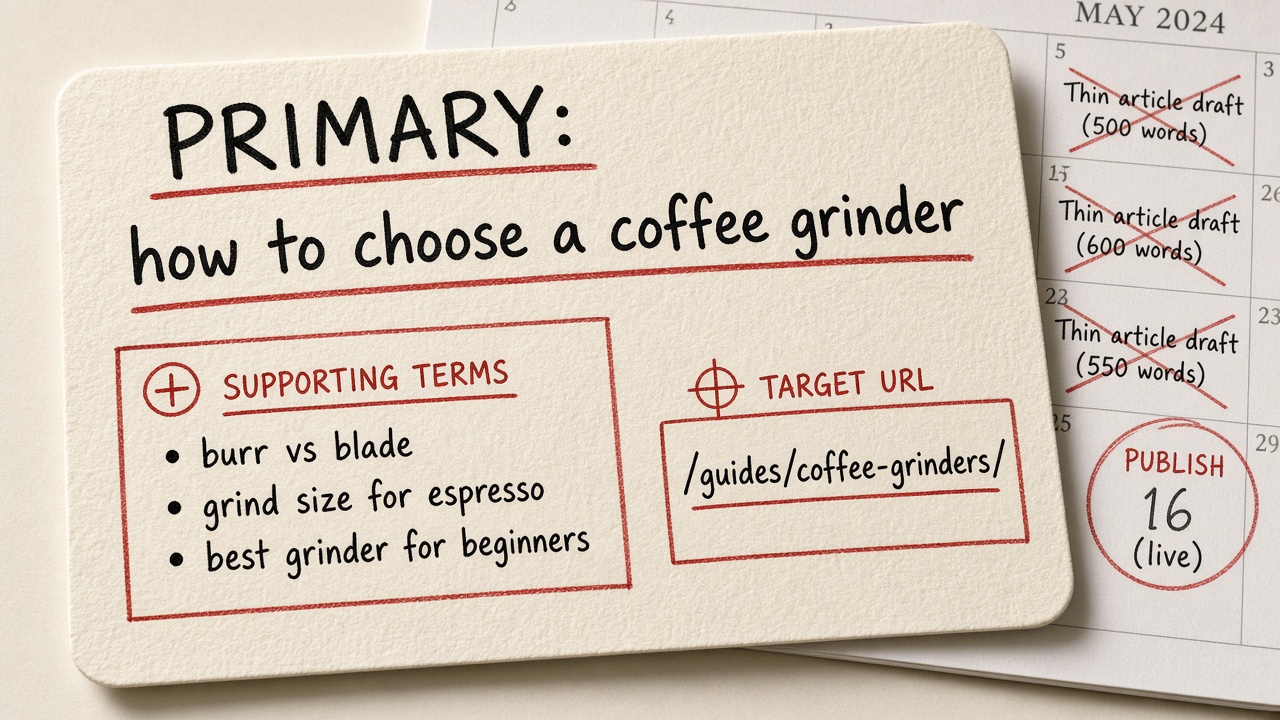 Content brief card for one keyword cluster with a primary keyword, supporting terms, and a single target URL