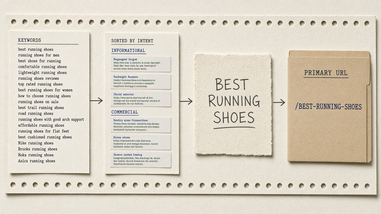 Four-step keyword clustering process from raw list to intent grouping, named cluster, and one primary URL