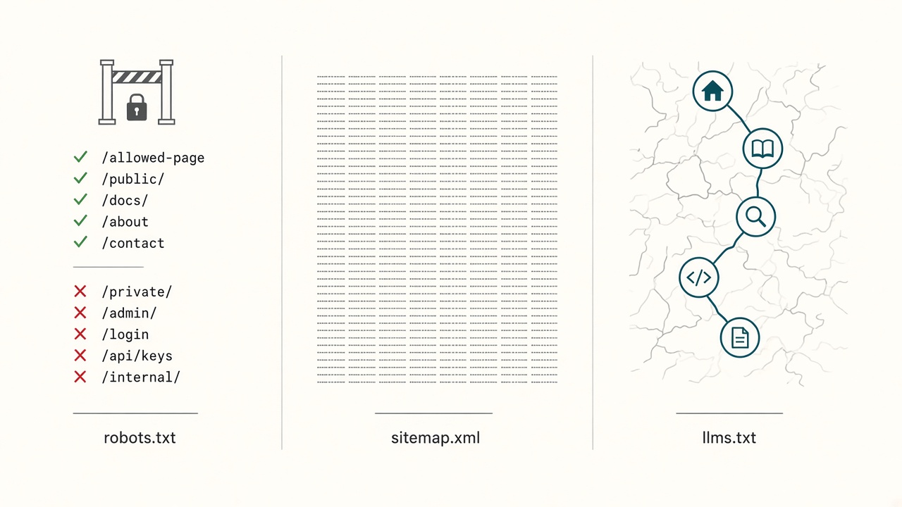 Diagram comparing robots.txt crawl rules, sitemap.xml URL inventory, and llms.txt curated map