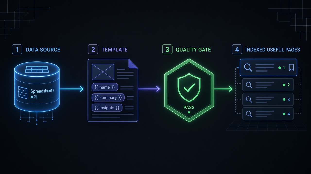 Four-step programmatic SEO system map from data source through template and quality gate to indexed pages
