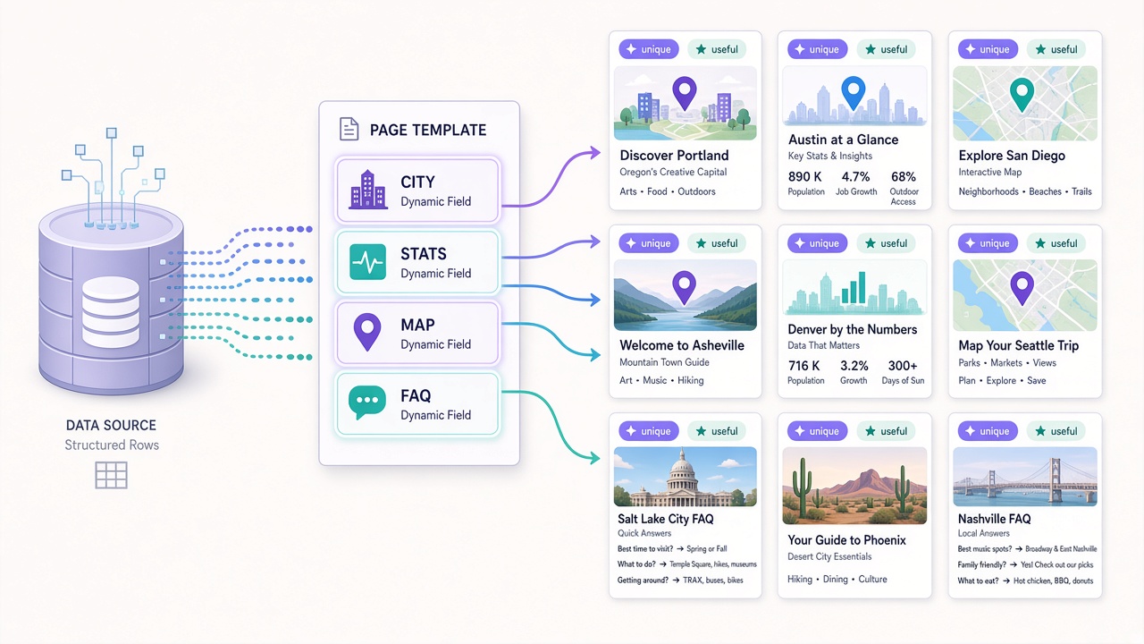 Diagram defining programmatic SEO as data feeding a template that outputs unique useful landing pages