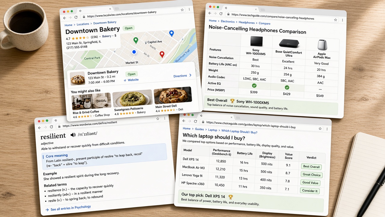 Examples of helpful programmatic SEO pages including location maps, product grids, glossary entries, and comparison tables