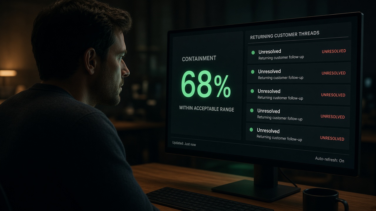 Support lead comparing a high AI concierge containment score with unresolved returning customers